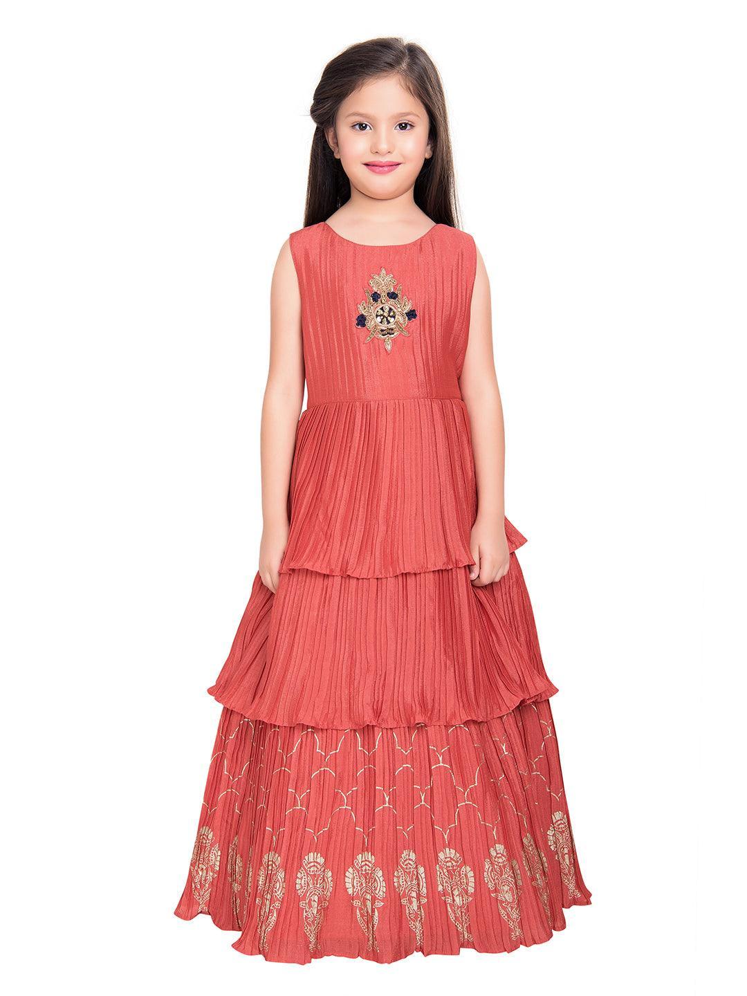 Tomato Gown And Navy Blue Coloured Jacket Floral Chinon Fit & Flare Gown For Girls - Betty Ethnic India - Gown - Betty Girls Wear Online