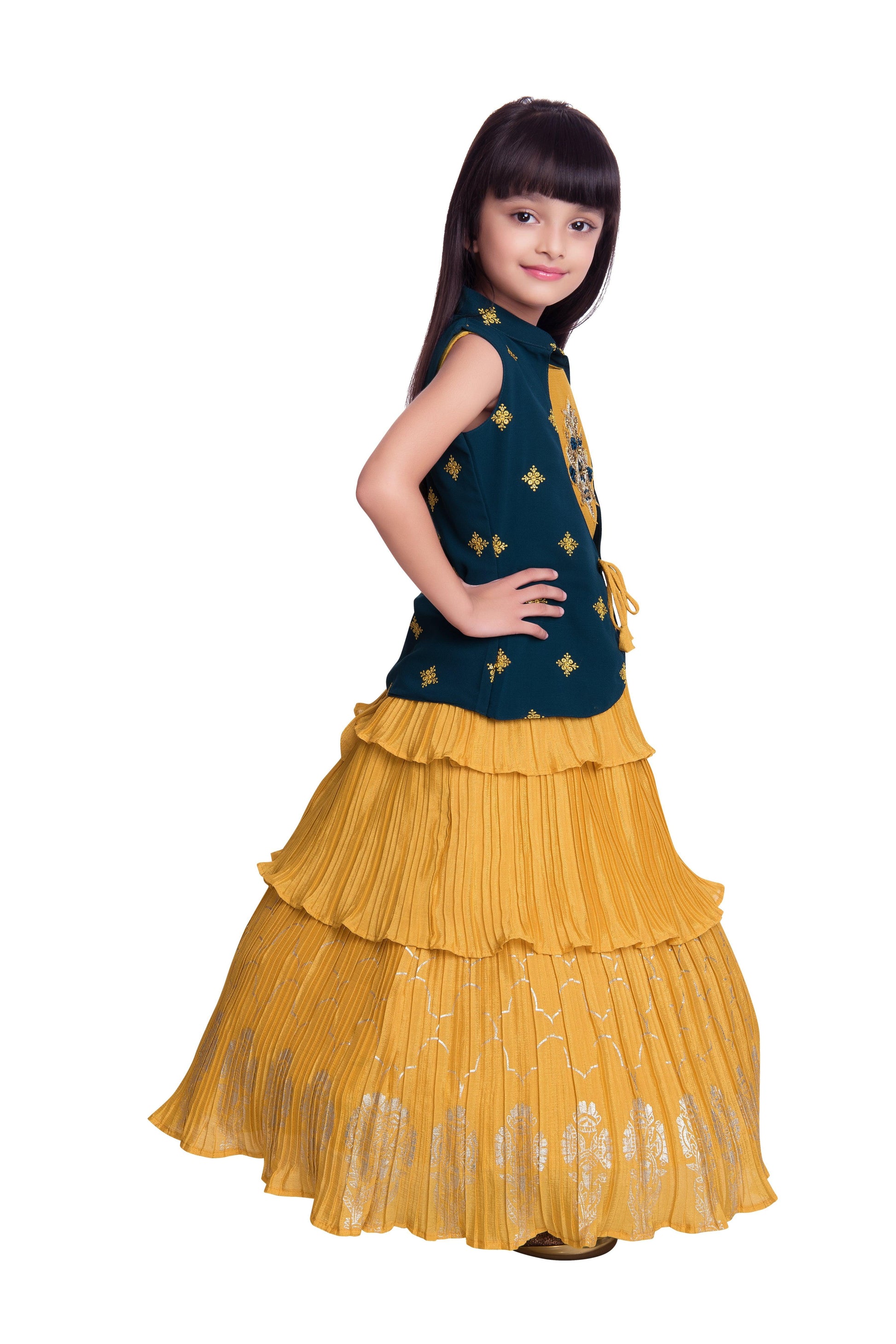 Tomato Gown And Navy Blue Coloured Jacket Floral Chinon Fit & Flare Gown For Girls - Betty Ethnic India - Gown - Betty Girls Wear Online