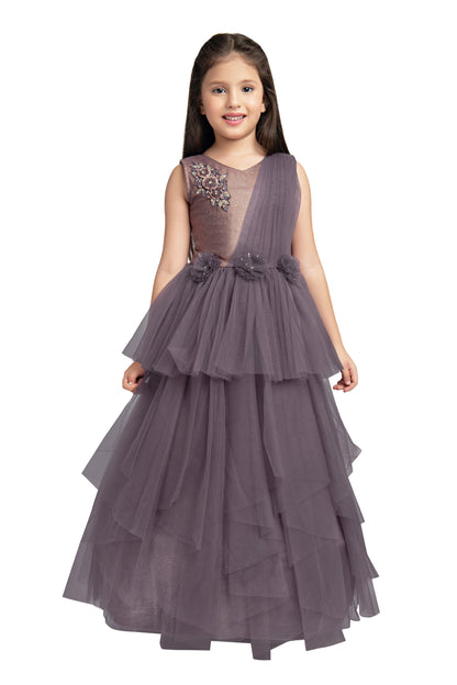 Burgundy Coloured Imported Net Ruffle Style Gown For Girls - Betty Ethnic India - Gown - Betty Girls Wear Online