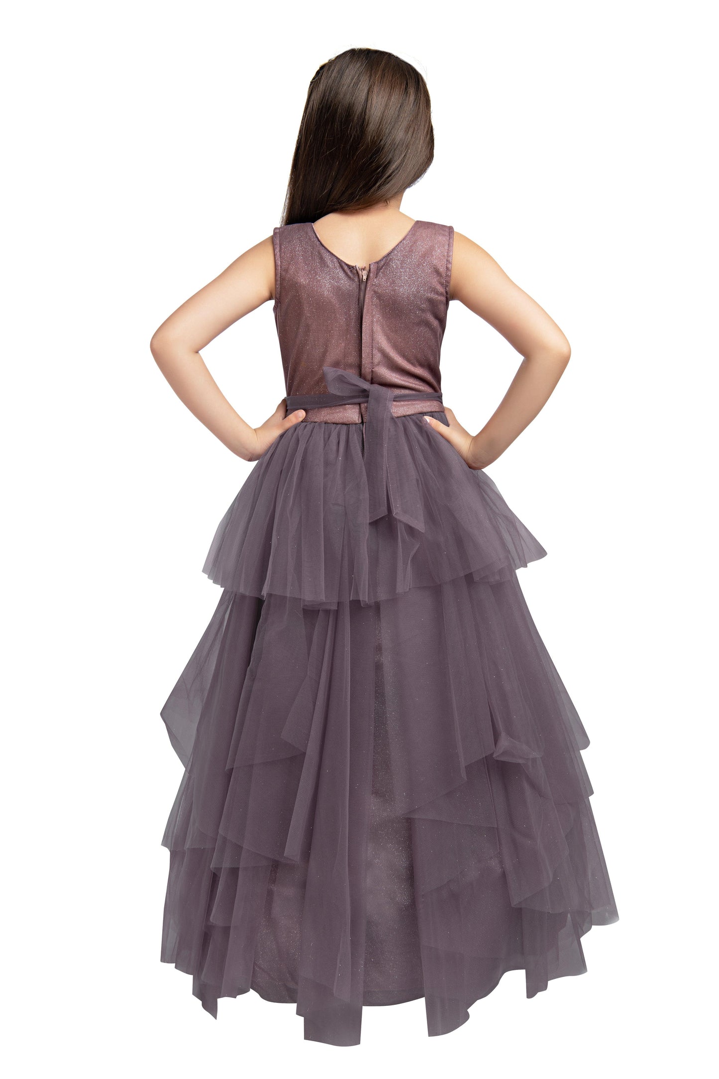 Burgundy Coloured Imported Net Ruffle Style Gown For Girls - Betty Ethnic India - Gown - Betty Girls Wear Online