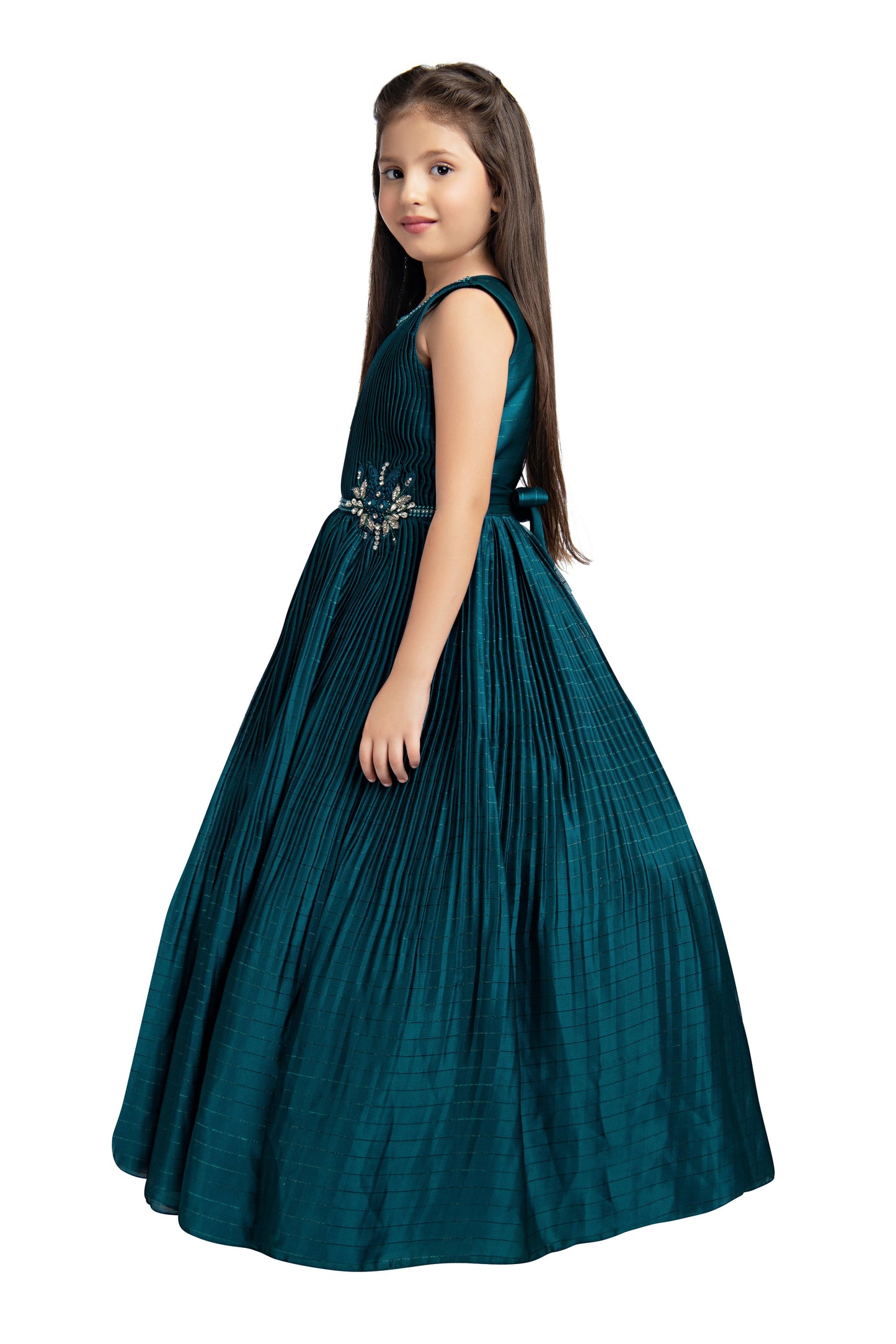 Peacock Blue Coloured Pleated Fabric Gown For Girls - Betty Ethnic India - Gown - Betty Girls Wear Online