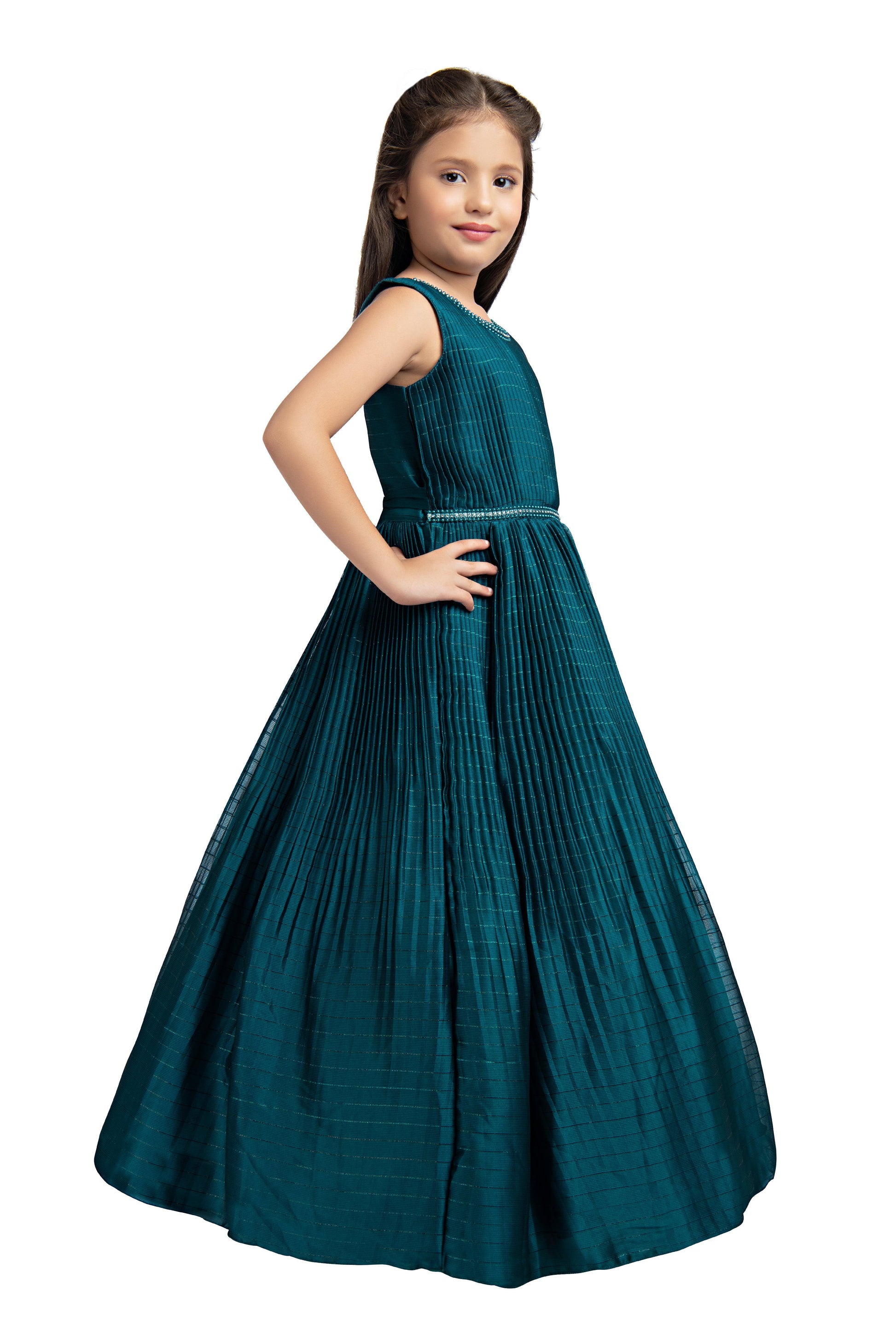 Peacock Blue Coloured Pleated Fabric Gown For Girls - Betty Ethnic India - Gown - Betty Girls Wear Online