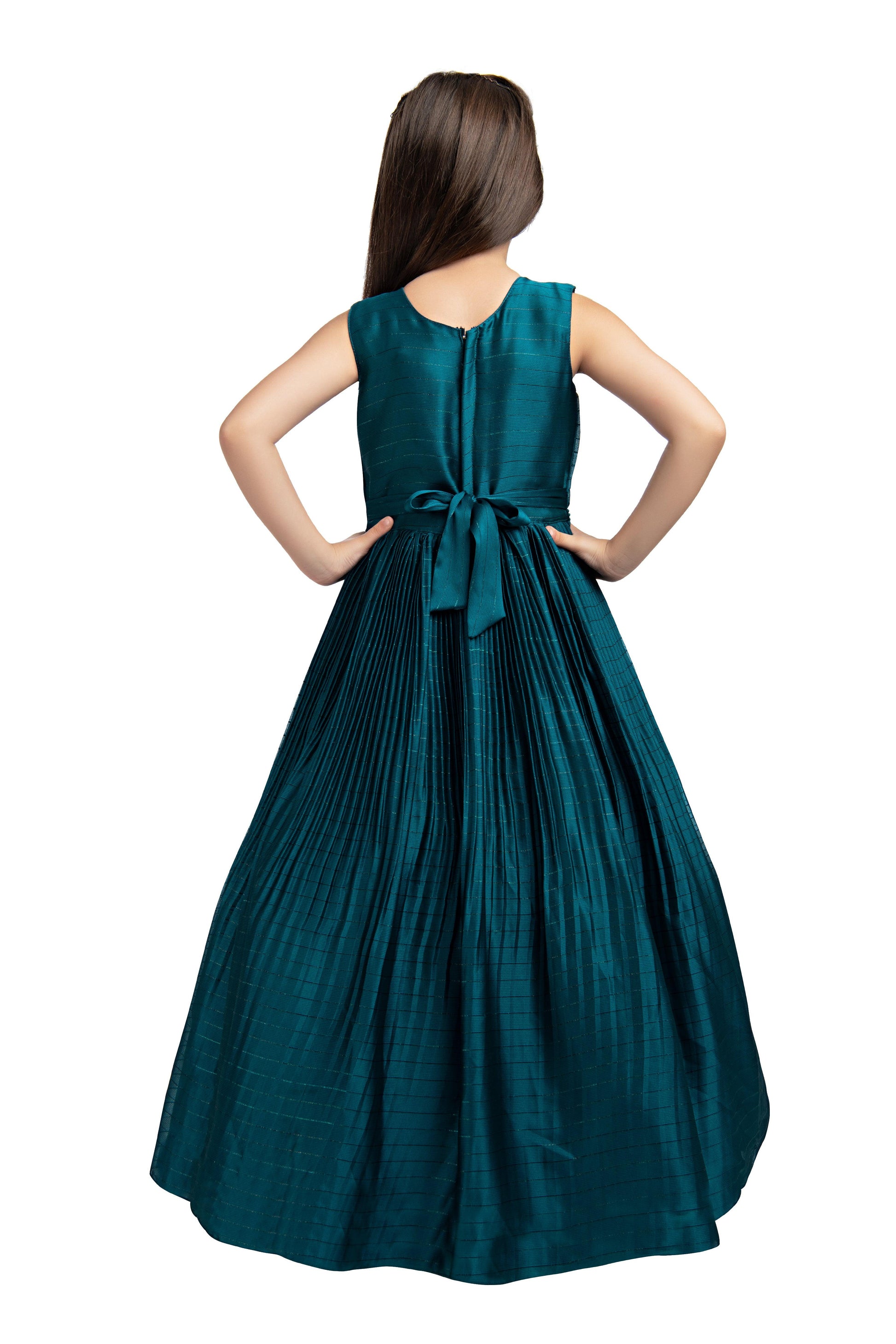 Peacock Blue Coloured Pleated Fabric Gown For Girls - Betty Ethnic India - Gown - Betty Girls Wear Online