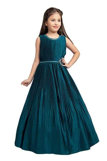 Peacock Blue Coloured Pleated Fabric Gown For Girls - Betty Ethnic India - Gown - Betty Girls Wear Online