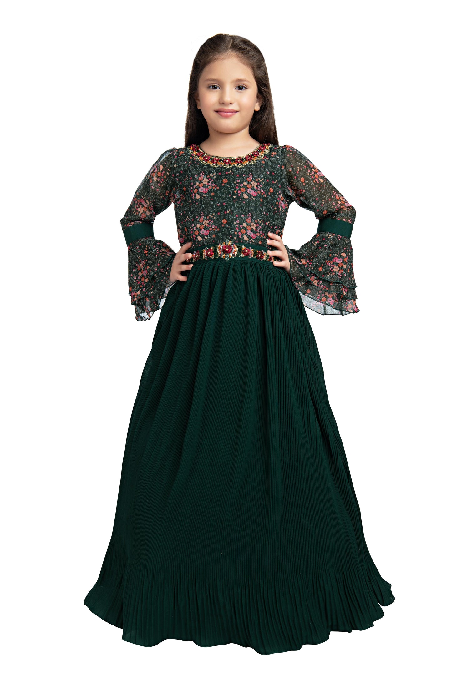 Green Coloured Full Sleeves Gown For Girls - Betty Ethnic India - Gown - Betty Girls Wear Online