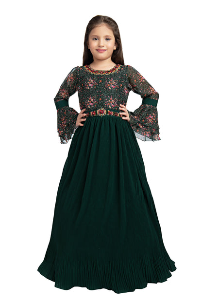 Green Coloured Full Sleeves Gown For Girls - Betty Ethnic India - Gown - Betty Girls Wear Online
