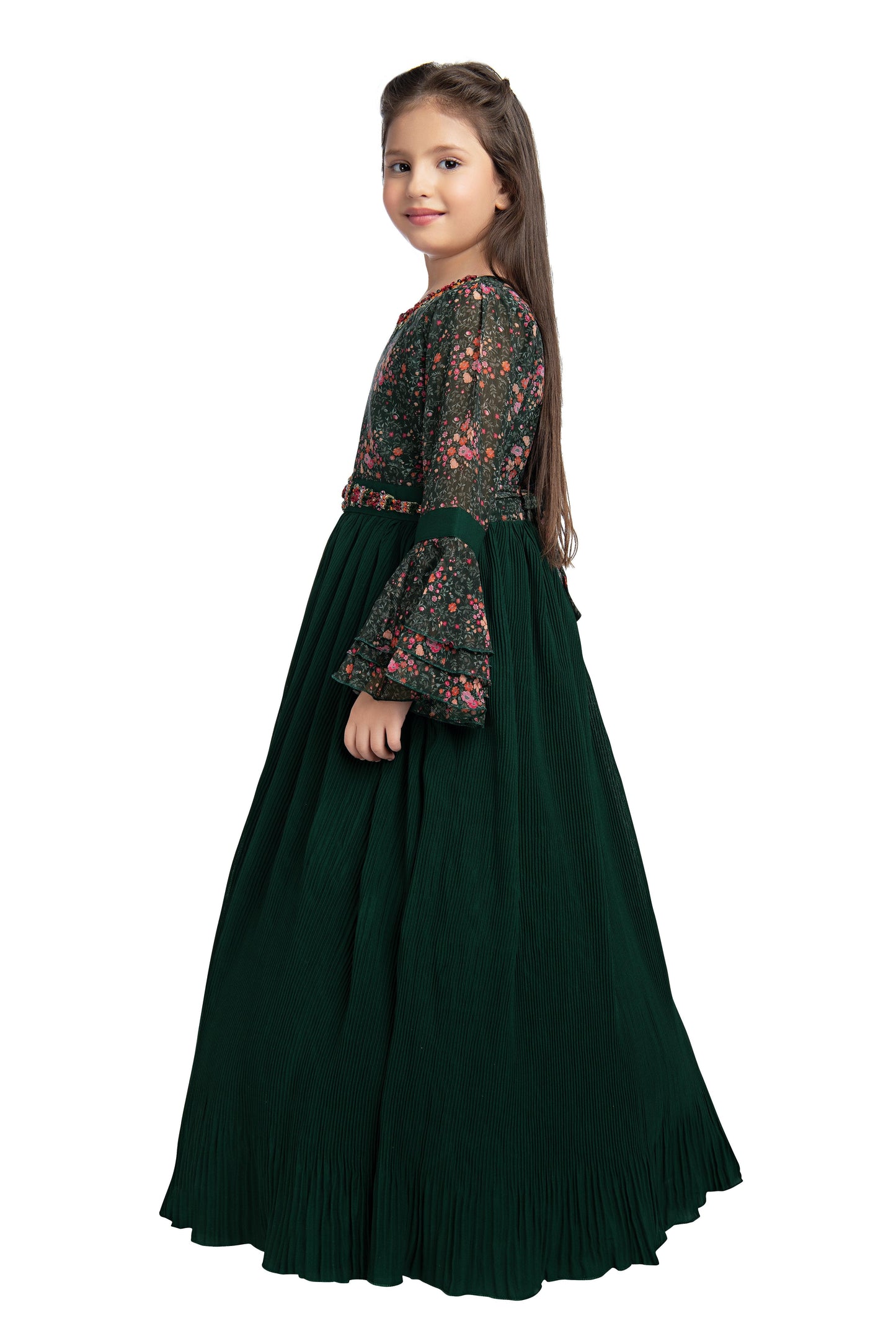 Green Coloured Full Sleeves Gown For Girls - Betty Ethnic India - Gown - Betty Girls Wear Online