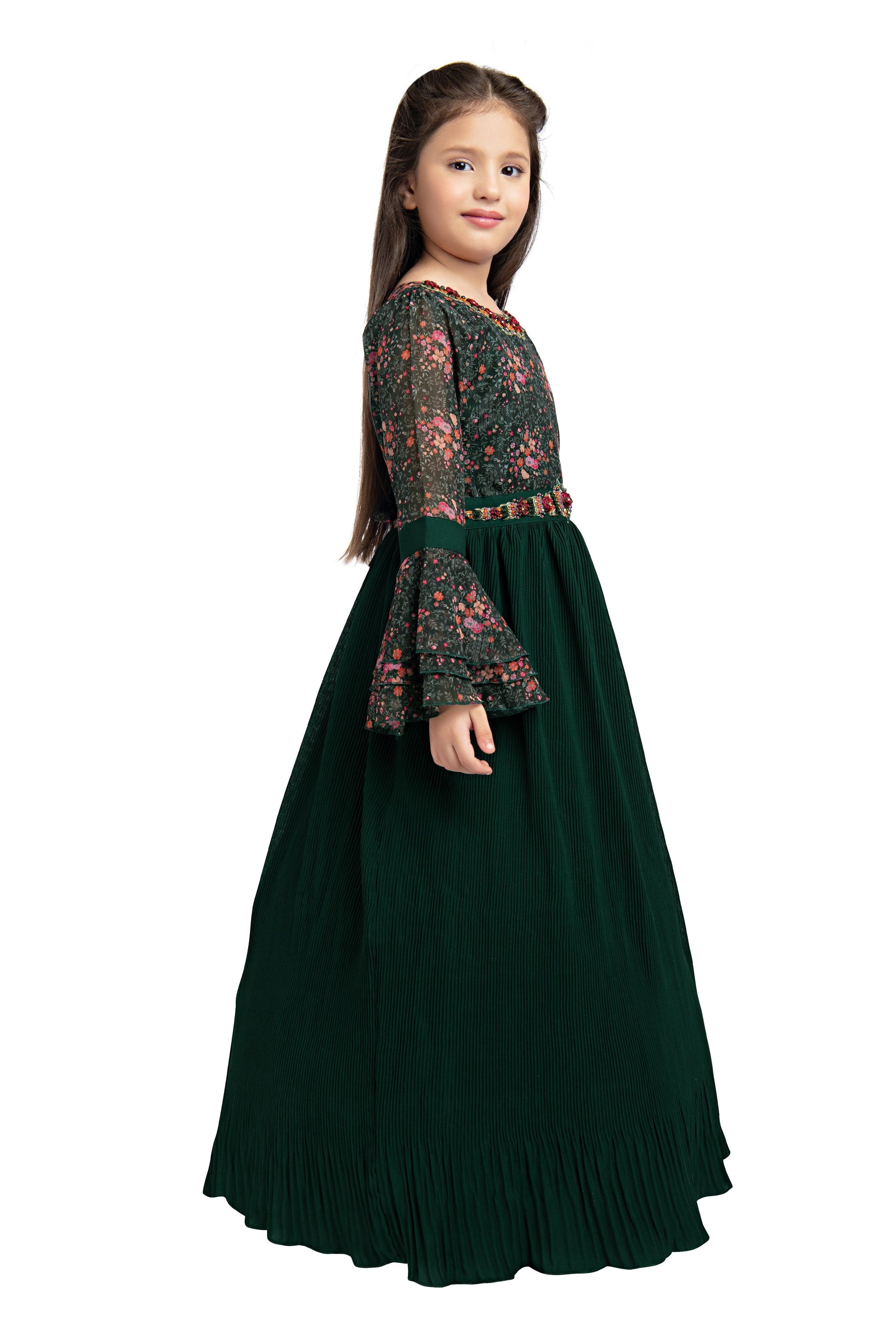 Green Coloured Full Sleeves Gown For Girls - Betty Ethnic India - Gown - Betty Girls Wear Online