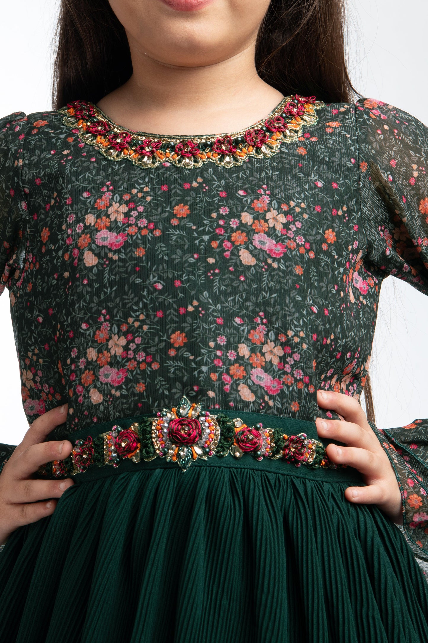 Green Coloured Full Sleeves Gown For Girls - Betty Ethnic India - Gown - Betty Girls Wear Online
