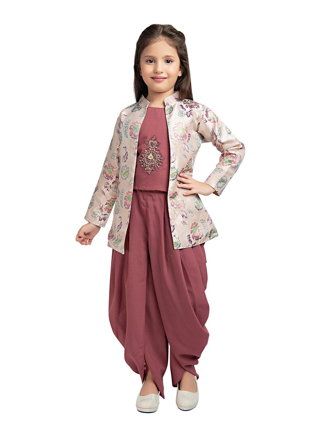 Mauve Embroidered Beads and Stones Top with Dhoti Pants For Girls - Betty Ethnic India - Dhoti Sets - Betty Girls Wear Online
