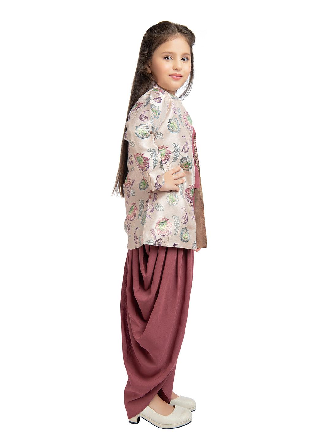Mauve Embroidered Beads and Stones Top with Dhoti Pants For Girls - Betty Ethnic India - Dhoti Sets - Betty Girls Wear Online