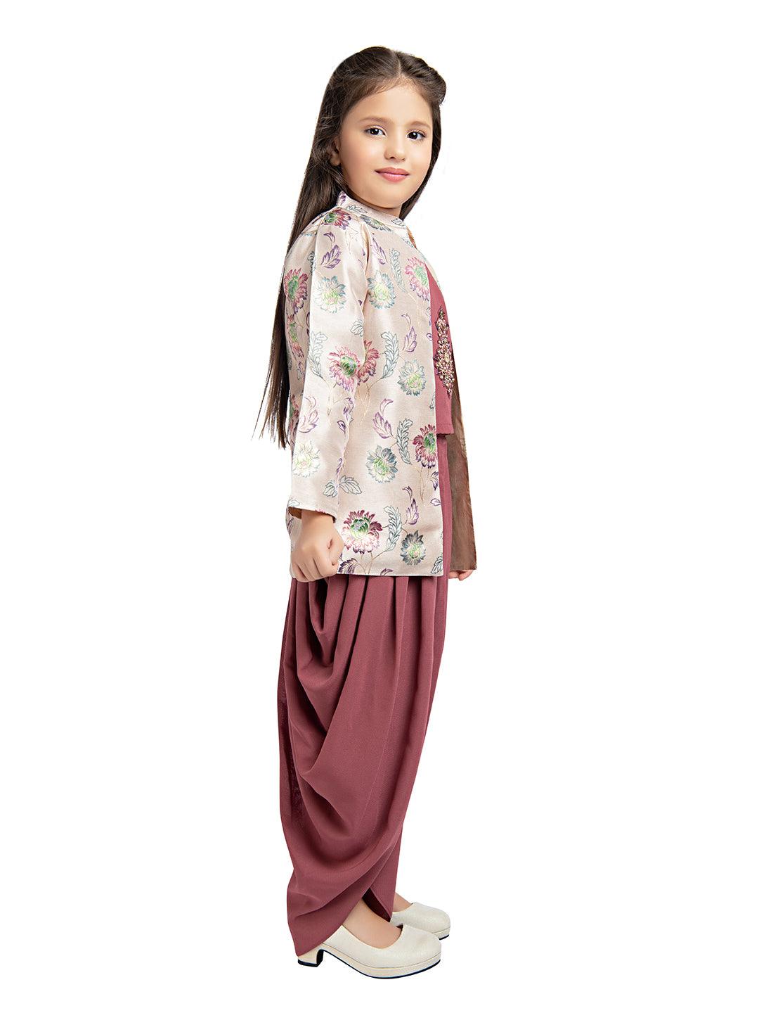 Mauve Embroidered Beads and Stones Top with Dhoti Pants For Girls - Betty Ethnic India - Dhoti Sets - Betty Girls Wear Online