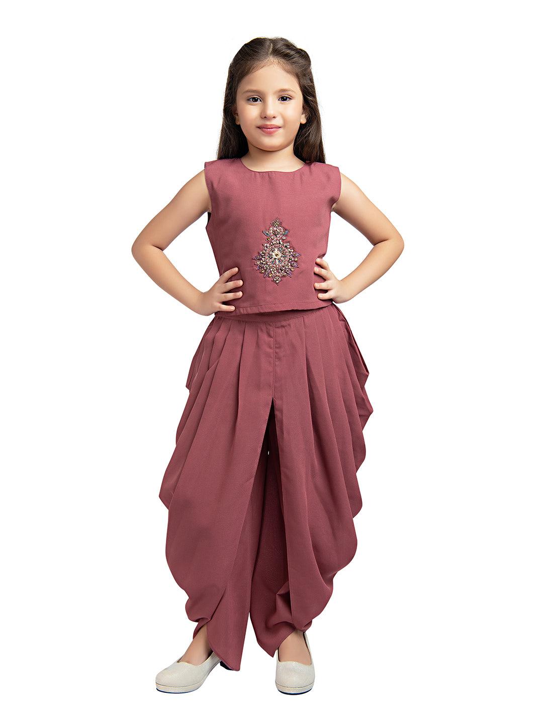 Mauve Embroidered Beads and Stones Top with Dhoti Pants For Girls - Betty Ethnic India - Dhoti Sets - Betty Girls Wear Online
