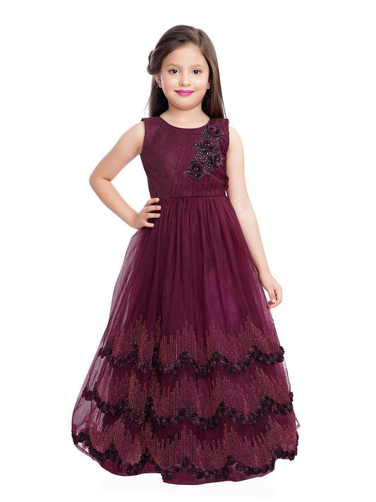 Wine Coloured Net Gown For Girls - Betty Ethnic India - Gown - Betty Girls Wear Online