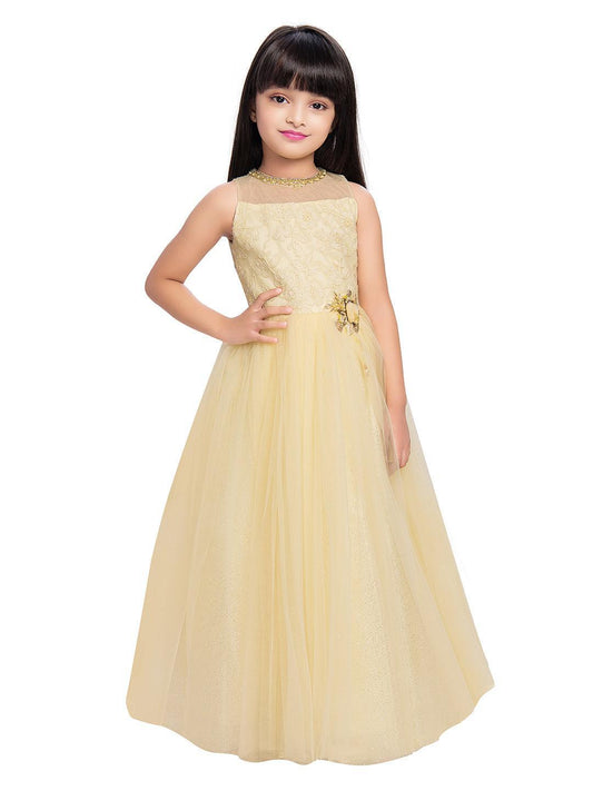 Yellow Coloured Floral Embroidered Simple Design Net Gown For Girls - Betty Ethnic India - Gown - Betty Girls Wear Online