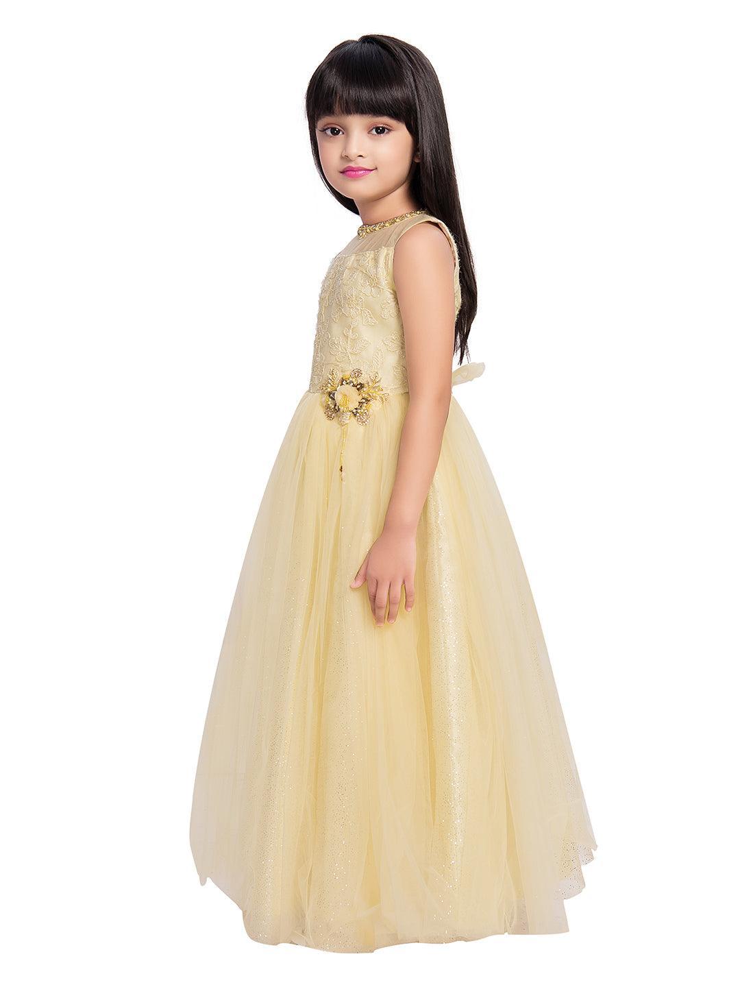 Yellow Coloured Floral Embroidered Simple Design Net Gown For Girls - Betty Ethnic India - Gown - Betty Girls Wear Online