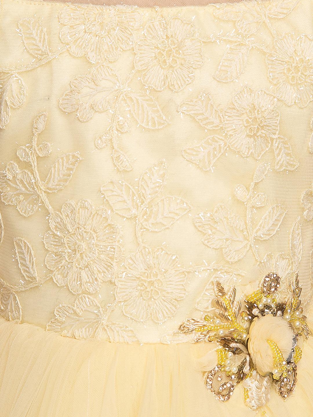 Yellow Coloured Floral Embroidered Simple Design Net Gown For Girls - Betty Ethnic India - Gown - Betty Girls Wear Online