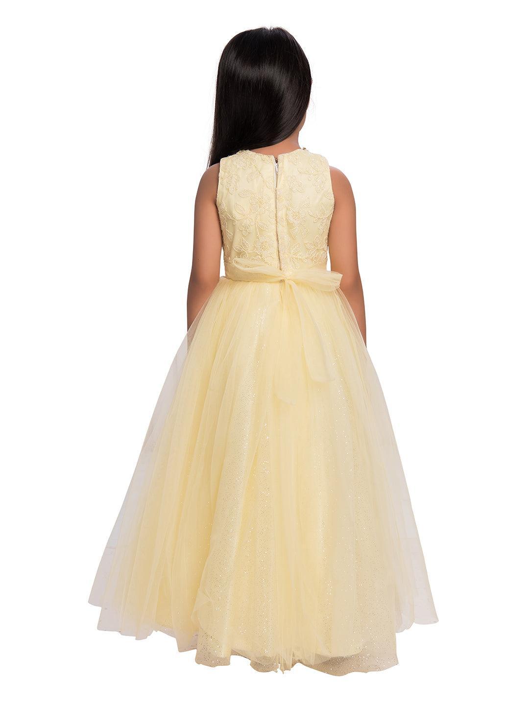Yellow Coloured Floral Embroidered Simple Design Net Gown For Girls - Betty Ethnic India - Gown - Betty Girls Wear Online